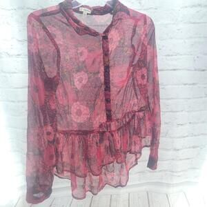 Lily White Red Sheer Floral Button Down High Low Size Small Blouse